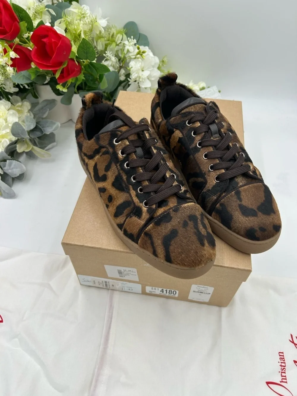 Men's Christian Louboutin Louis Jr leopard effect low top sneakers size 42